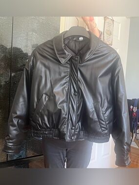 Black Faux Leather Bomber Jacket - Women